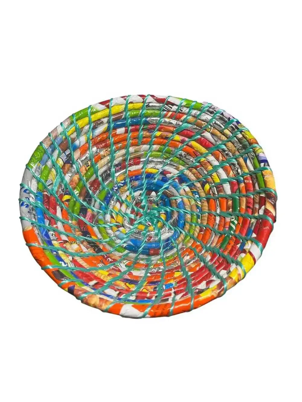 Vibrant Multicolor Footed Upcycled Wrappers Woven Decorative Bowl From Nepal